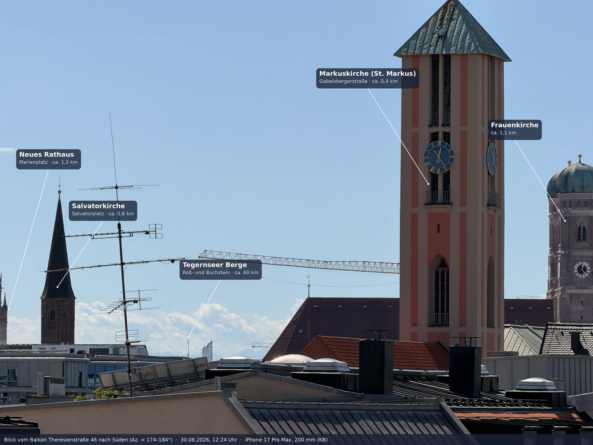 Blick vom Balkon nach Süden über die Markuskirche zur Frauenkirche und zu den Tegernseer Bergen, beschriftet