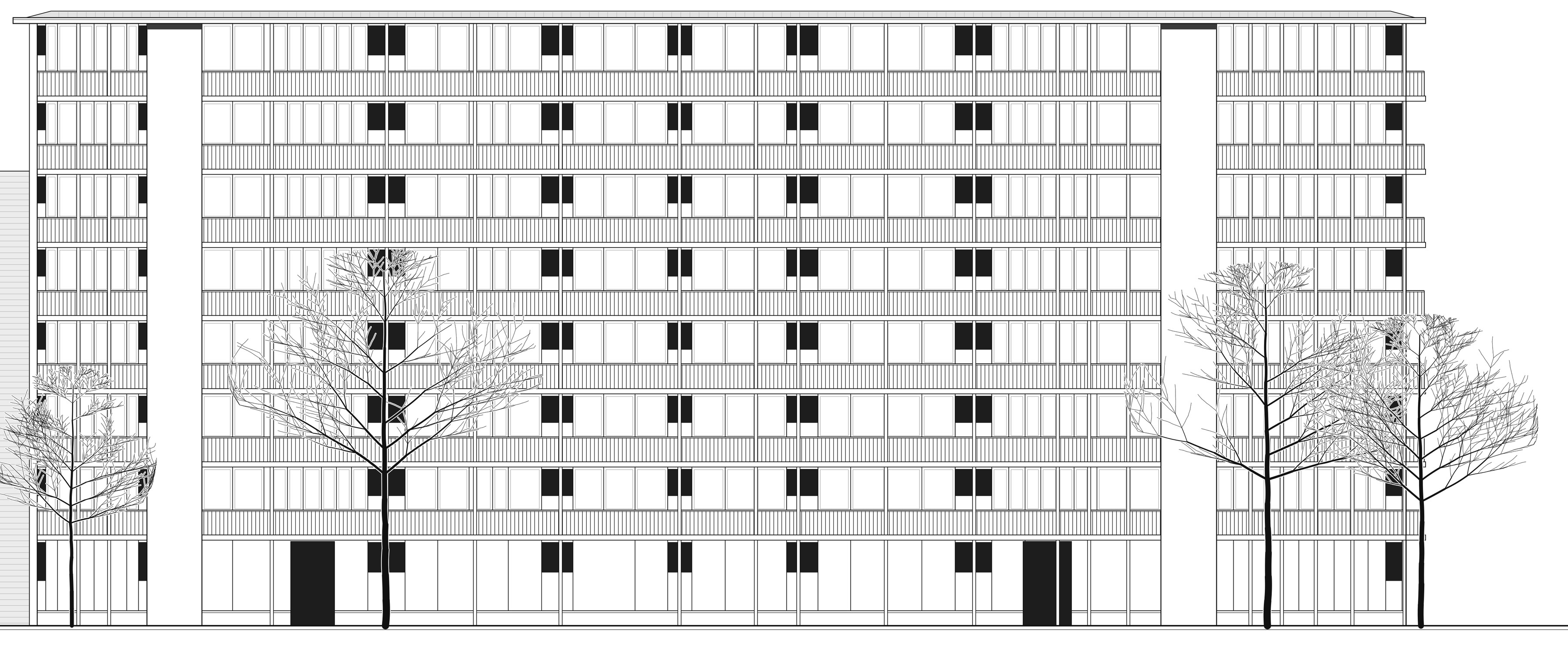 Architekturzeichnung der gesamten Südfassade des Sep-Ruf-Hauses